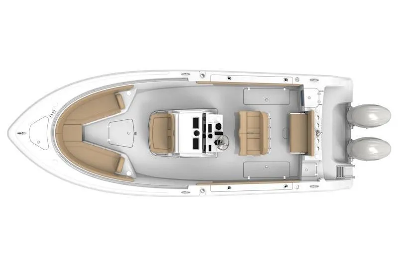 Slide: The Image of 2026 Sportsman Open 252 Center Console boat, top view, featuring dual engines and spacious seating. - 27