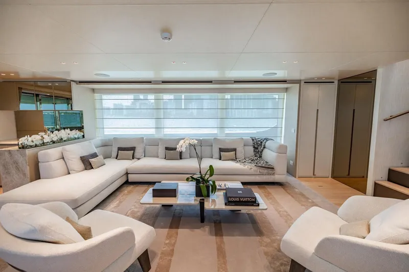 Slide: The Image of Luxurious interior of 2022 Sanlorenzo SD96 yacht with elegant seating and modern decor. - 10