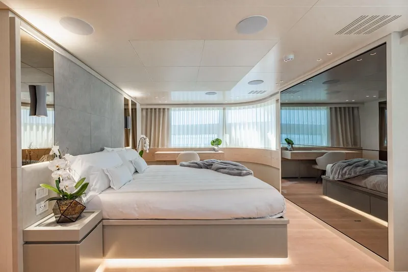 Slide: The Image of Luxurious bedroom interior of 2022 Sanlorenzo SD96 yacht with modern design and elegant decor. - 16