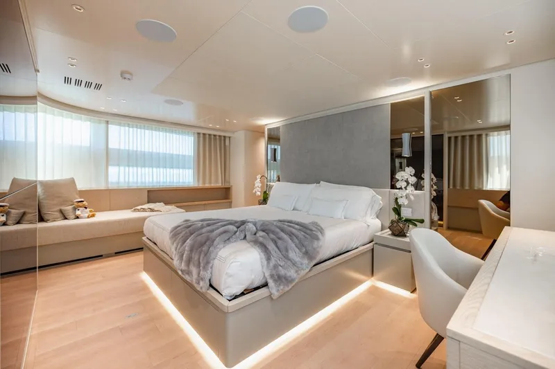 Slide: The Image of Luxurious bedroom interior of 2022 Sanlorenzo SD96 yacht with modern decor and ambient lighting. - 17