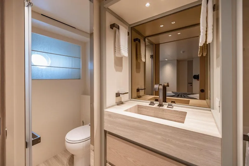 Slide: The Image of Luxurious bathroom in 2022 Sanlorenzo SD96 yacht, featuring modern fixtures and elegant design. - 26
