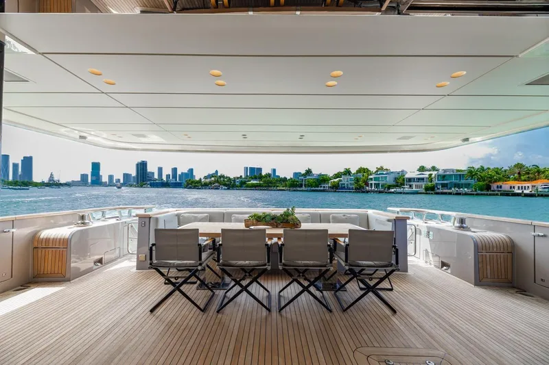 Slide: The Image of Luxurious 2022 Sanlorenzo SD96 yacht deck with waterfront city view. - 6