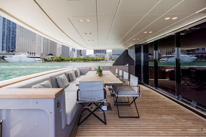 Slide: The Image of Luxurious 2022 Sanlorenzo SD96 yacht deck with elegant seating and city skyline view. - 7