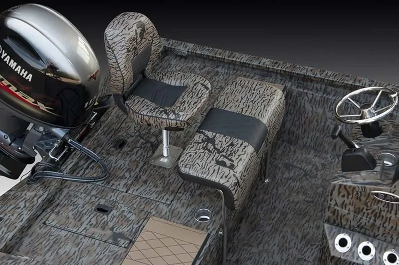 Slide: The Image of 2026 Xpress H190B Bay boat interior with Yamaha engine, featuring camo seating and steering console. - 14
