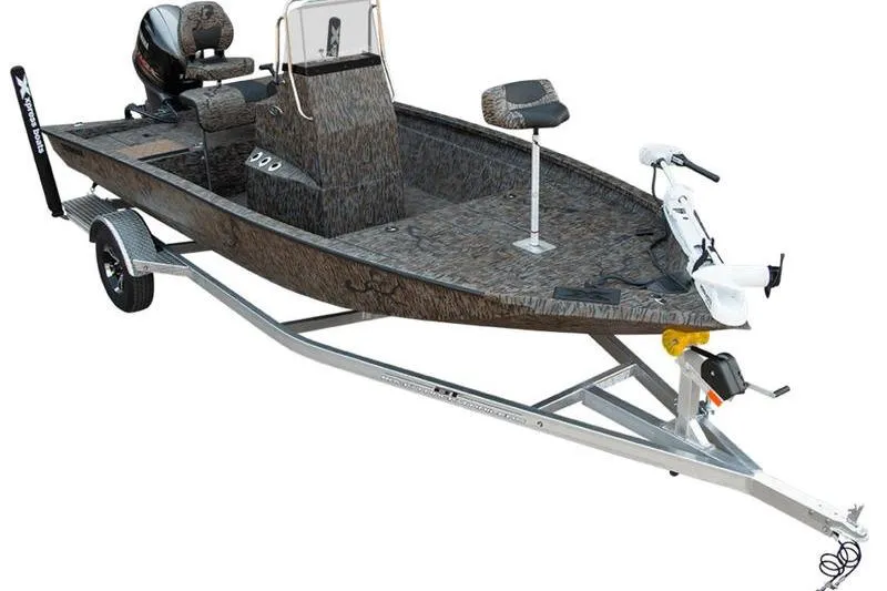 Slide: The Image of 2026 Xpress H190B Bay boat on trailer, featuring camouflage design and modern equipment. - 8