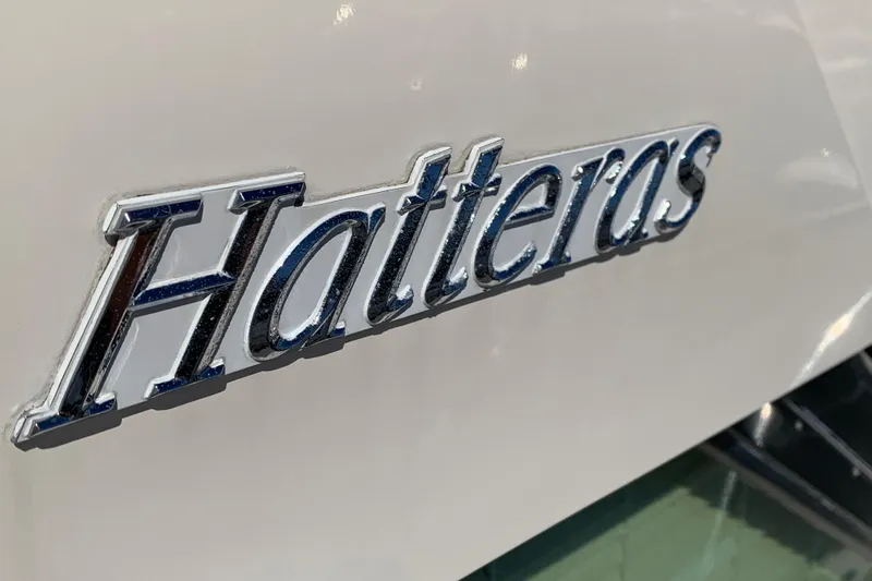 Slide: The Image of Chrome "Hatteras" logo on 1991 Hatteras 40 Motor Yacht. - 113