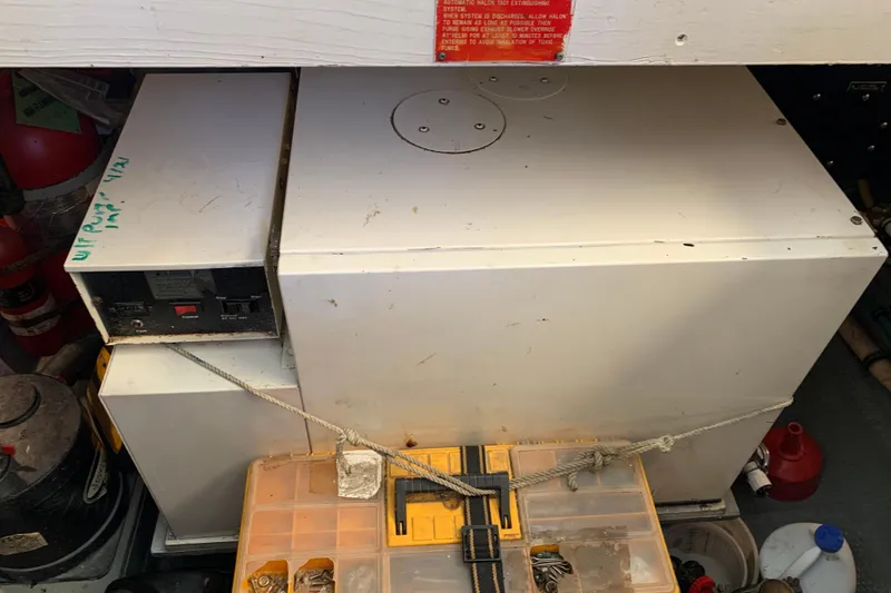 Slide: The Image of Engine room of 1991 Hatteras 40 Motor Yacht with equipment and storage box. - 125