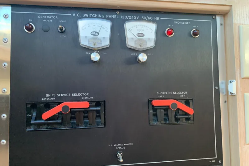 Slide: The Image of Electrical panel of a 1991 Hatteras 40 Motor Yacht with generator and shoreline selectors. - 95