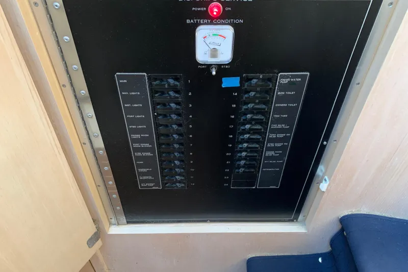 Slide: The Image of Electrical panel of a 1991 Hatteras 40 Motor Yacht, showing circuit breakers and battery condition gauge. - 97