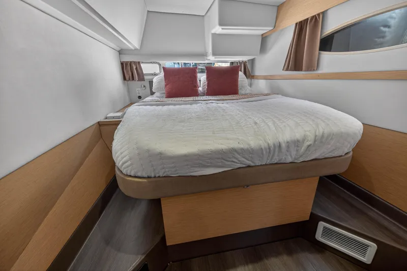 Slide: The Image of Luxurious cabin interior of 2014 Fountaine Pajot Helia 44 catamaran with cozy bedding. - 72