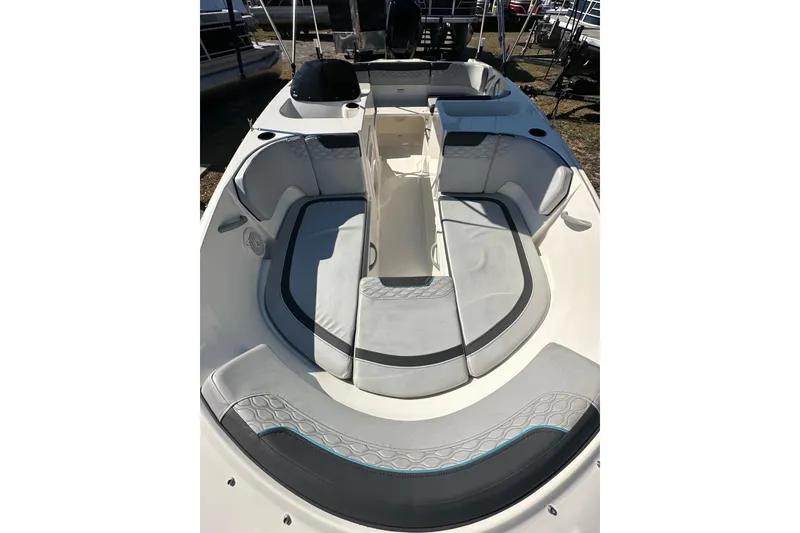 Slide: The Image of 2022 Bayliner Element M17 boat interior with spacious seating and modern design. - 14