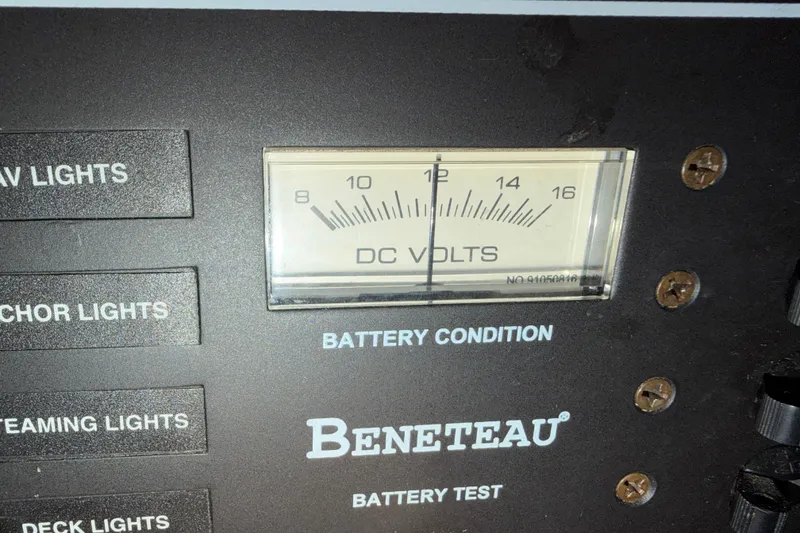 Slide: The Image of Beneteau First 36.7 2006 battery condition panel with DC volts gauge. - 60