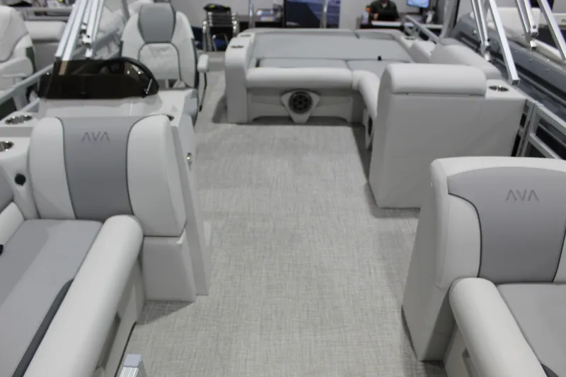 Slide: The Image of Luxurious interior of 2026 Avalon 2185 25 Venture 85 VRB pontoon boat. - 2