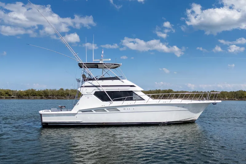 The Image of 1995 Hatteras 50 Convertible yacht on calm water under blue sky. - 0