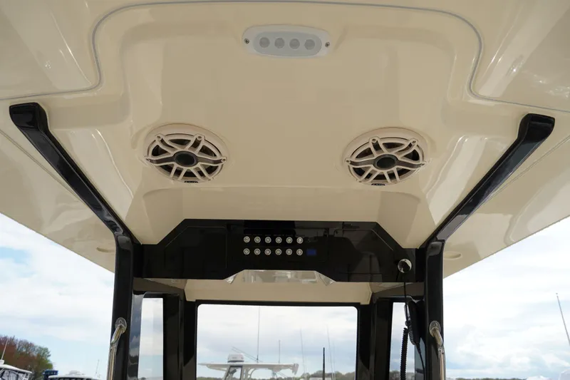 Slide: The Image of 2026 Scout 288 LXF boat interior ceiling with speakers and control panel. - 19