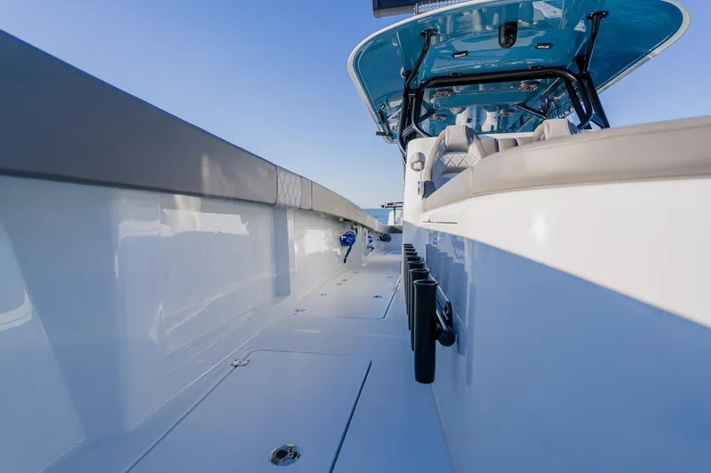 Slide: The Image of 2025 Freeman 42LR boat deck with sleek design and modern features. - 17