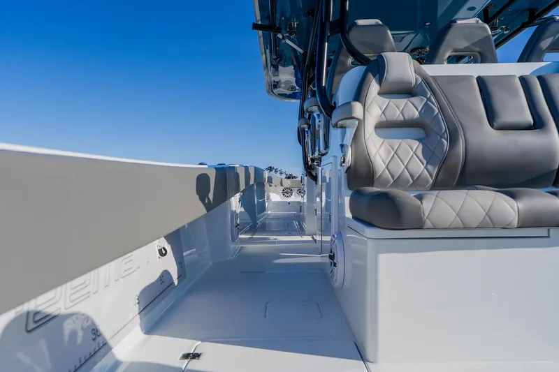 Slide: The Image of Luxurious interior of 2025 Freeman 42LR boat with plush seating and sleek design. - 27