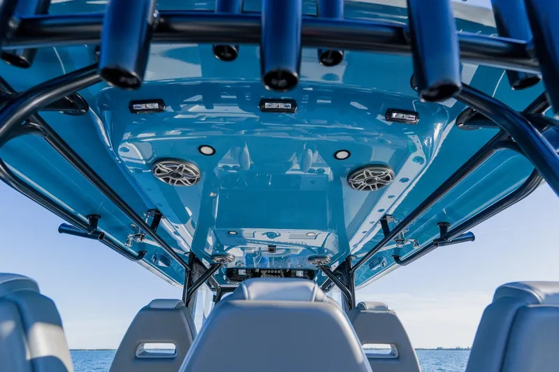 Slide: The Image of Interior view of 2025 Freeman 42LR boat, showcasing sleek design and modern features. - 32