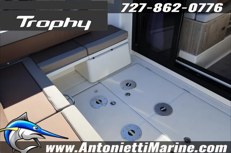Slide: The Image of 2026 Bayliner Trophy T29 Explorer boat interior with seating and deck details. - 29