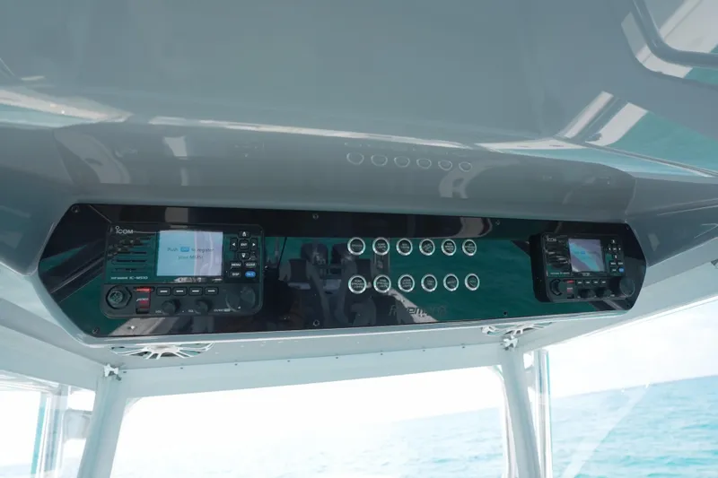 Slide: The Image of 2024 Freeman 42 boat dashboard with electronic controls and navigation systems. - 40