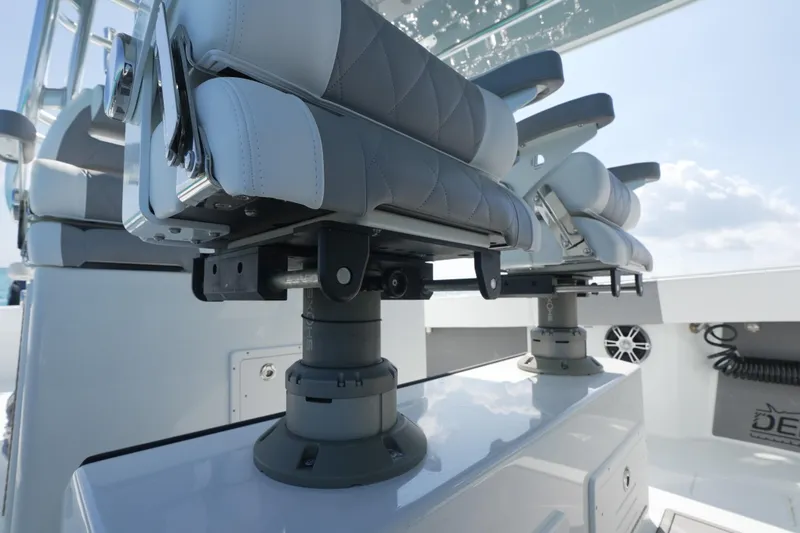 Slide: The Image of 2024 Freeman 42 boat seats with adjustable pedestals and sleek design. - 46