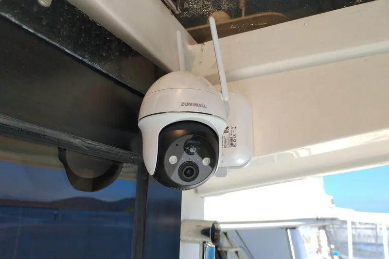 Slide: The Image of Outdoor security camera mounted on a 1997 Symbol 50 Pilothouse boat. - 14
