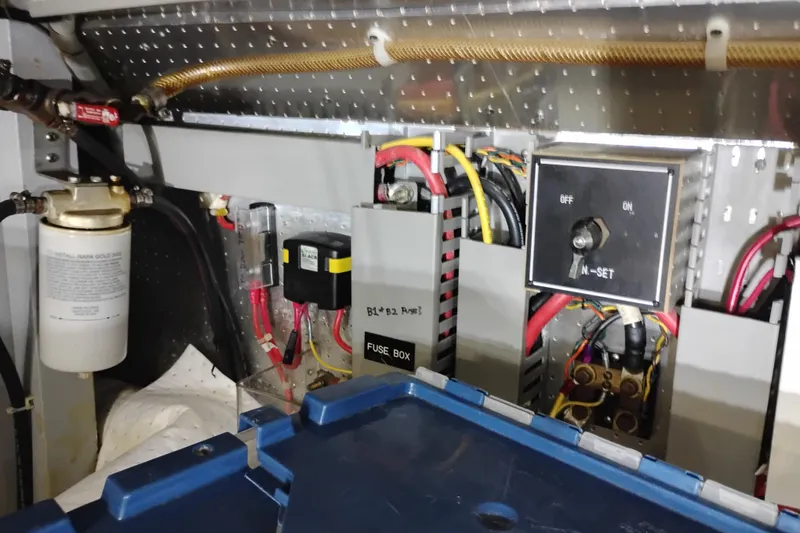 Slide: The Image of Electrical panel and components inside a 1997 Symbol 50 Pilothouse boat. - 95