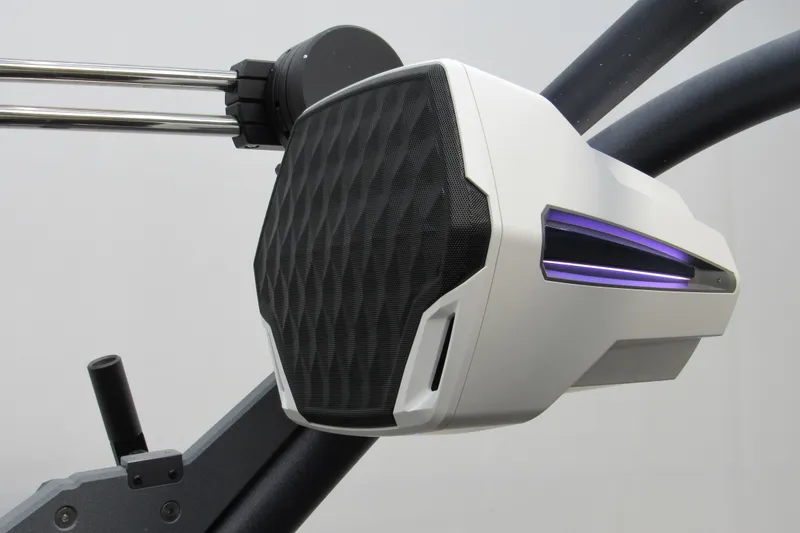 Slide: The Image of 2025 Malibu Wakesetter 23 LSV speaker with sleek design and purple accent lighting. - 6