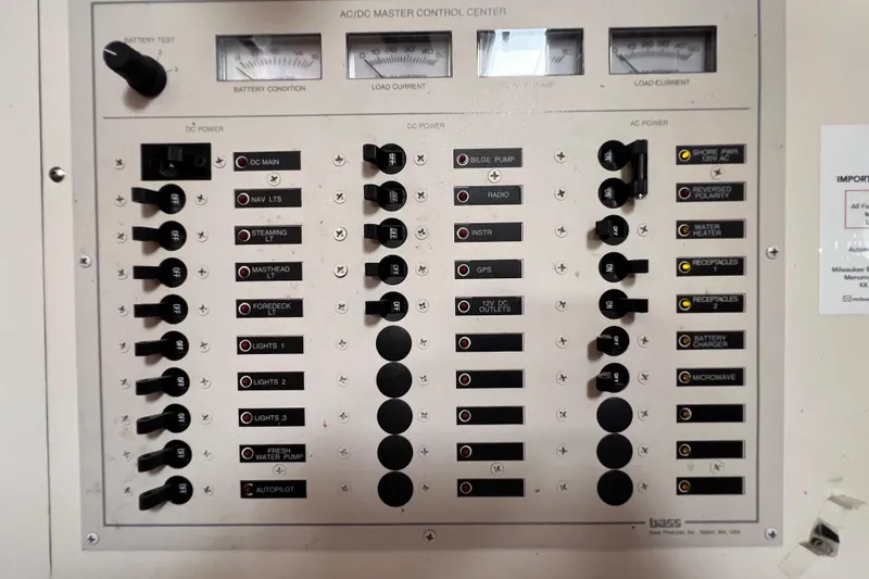 Slide: The Image of Electrical control panel of a 1996 Caliber 35 LRC boat, featuring various switches and indicators. - 26
