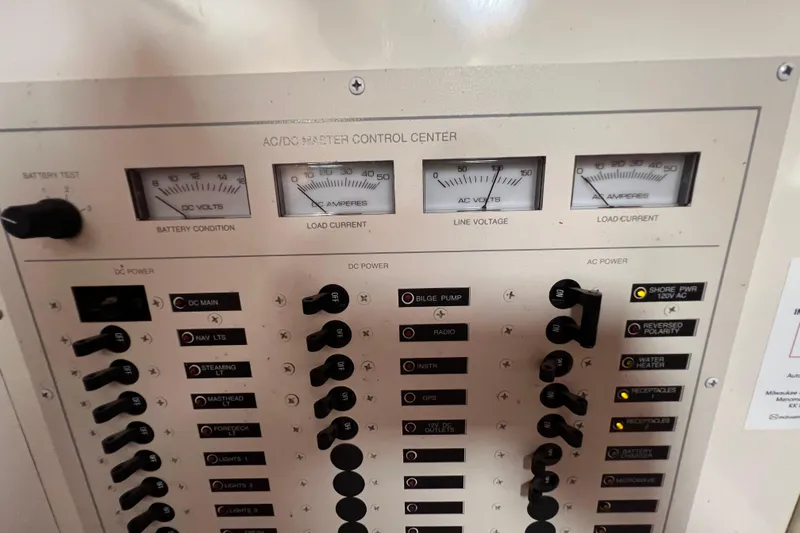 Slide: The Image of AC/DC control panel on a 1996 Caliber 35 LRC boat, showing gauges and switches. - 27