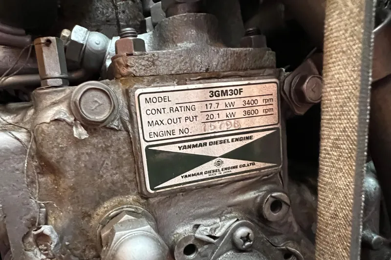 Slide: The Image of Yanmar diesel engine label on 1996 Caliber 35 LRC, model 3GM30F, 17.7 kW, 3400 rpm. - 40