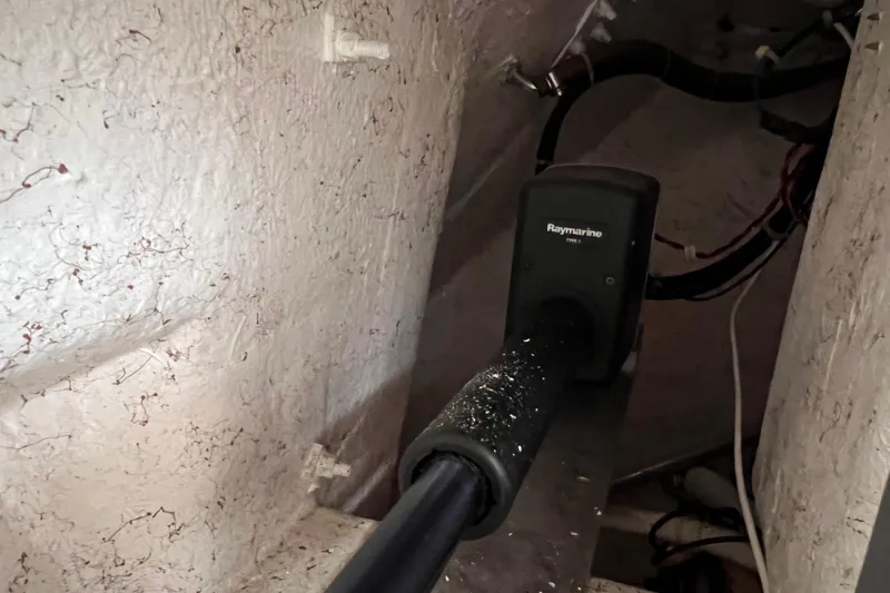 Slide: The Image of Raymarine equipment in 1996 Caliber 35 LRC boat interior, showing wiring and installation. - 50