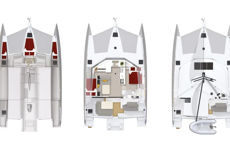 Slide: The Image of Top view of 2023 NEEL 43 trimaran layout, showcasing interior and deck design. - 17