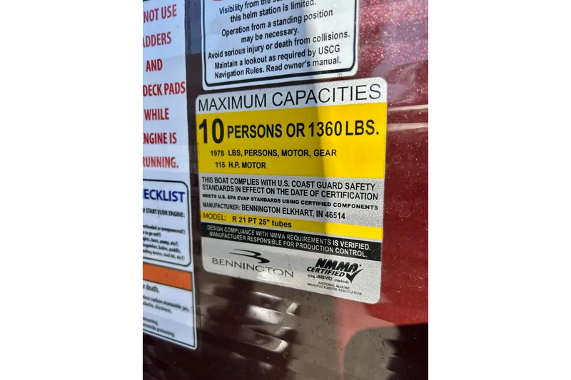 Slide: The Image of 2016 Bennington R21 capacity label: 10 persons or 1360 lbs, 115 HP motor. - 46