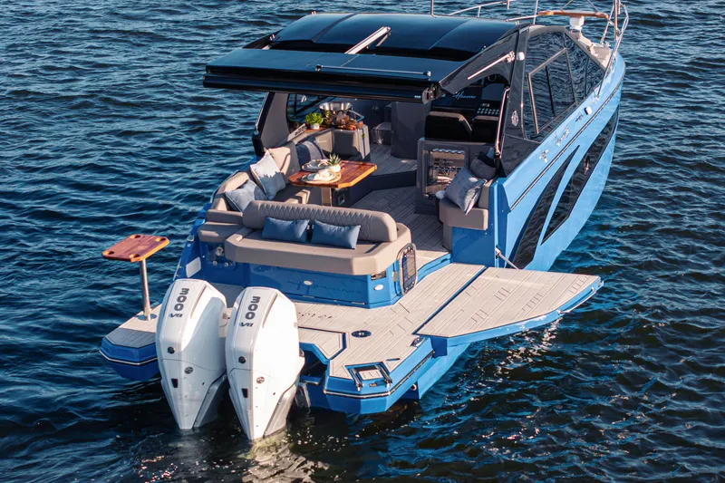 Slide: The Image of Luxurious 2026 Hanover 347 yacht with spacious deck and twin engines on open water. - 12