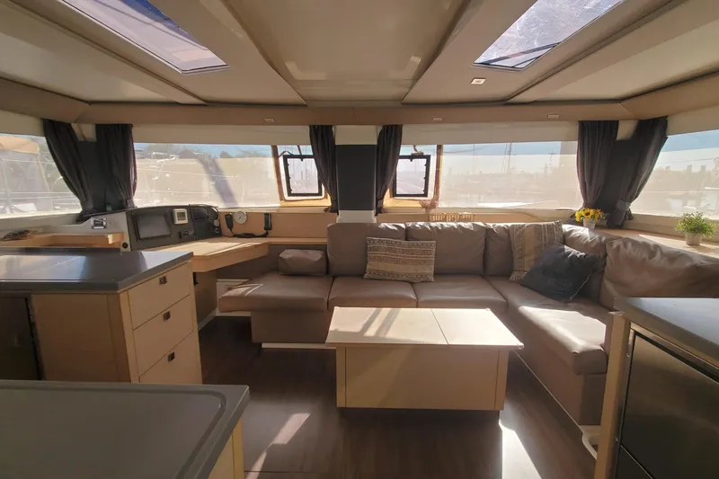 Slide: The Image of Luxurious interior of 2018 Fountaine Pajot Helia 44 Evolution catamaran with spacious seating area. - 4