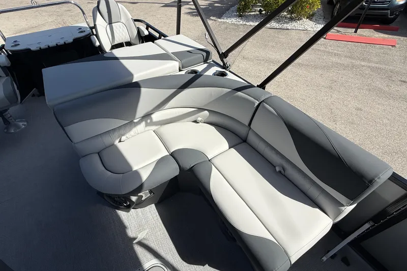 Slide: The Image of Luxurious seating on 2026 Avalon 2385 LSZ Rear Fish Tri Toon boat, featuring high-performance design. - 21