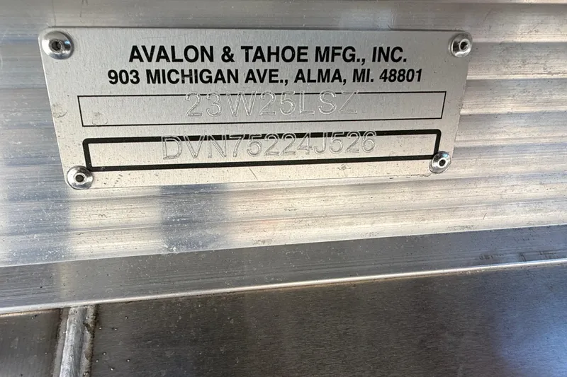 Slide: The Image of Metal identification plate for 2026 Avalon 2385 LSZ Quad Lounger, Tri Toon, High Performance. - 24