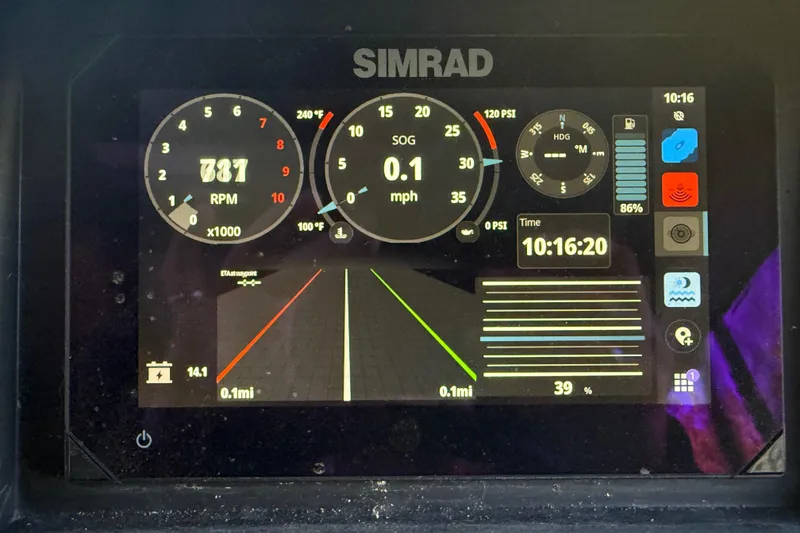 Slide: The Image of Dashboard display of a 2024 Bennington L Line boat with Simrad navigation system. - 26