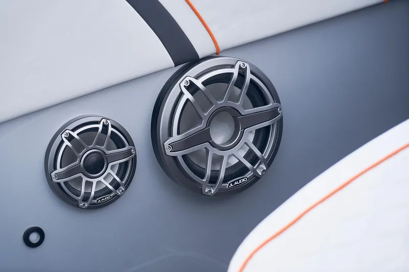 Slide: The Image of Speakers on 2020 Midnight Express 43 Open boat, featuring JL Audio design. - 101