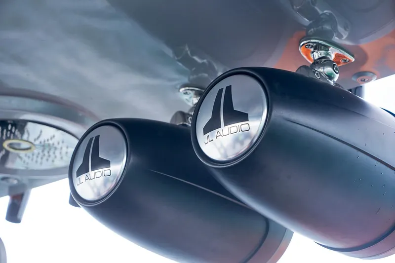Slide: The Image of JL Audio speakers on a 2020 Midnight Express 43 Open boat. - 108