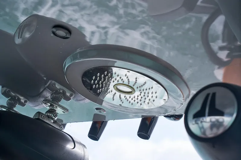 Slide: The Image of Underwater view of 2020 Midnight Express 43 Open boat's audio system and components. - 114