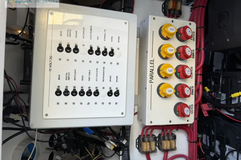 Slide: The Image of Electrical panel and switches on a 2020 Midnight Express 43 Open boat. - 55