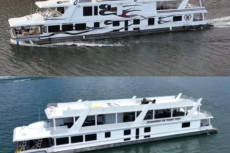 Slide: The Image of 2022 Trifecta HOUSEBOAT on water, showcasing sleek design and modern features. - 3