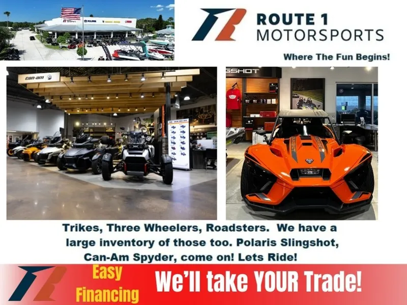 Slide: The Image of Route 1 Motorsports showcasing trikes and roadsters in showroom. - 10