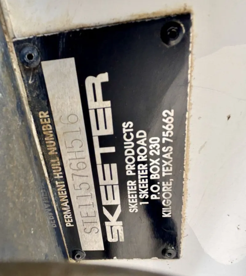 Slide: The Image of Skeeter ZX225 2016 boat plate with serial number and address. - 11