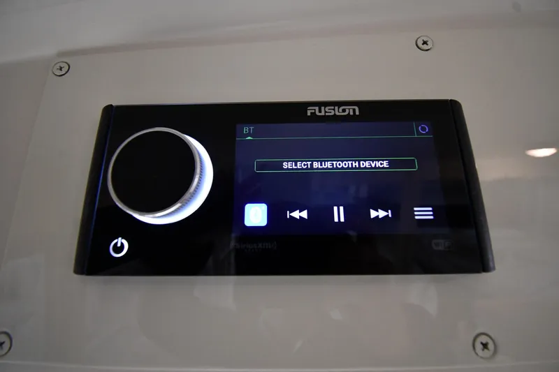 Slide: The Image of Fusion audio system interface on 1988 Viking 48 Convertible yacht, displaying Bluetooth device selection. - 28