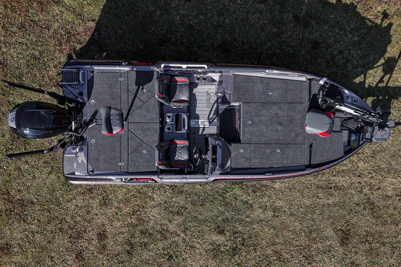 Slide: The Image of 2026 Bass Cat Lynx STS fishing boat, aerial view, featuring spacious deck and seating. - 20