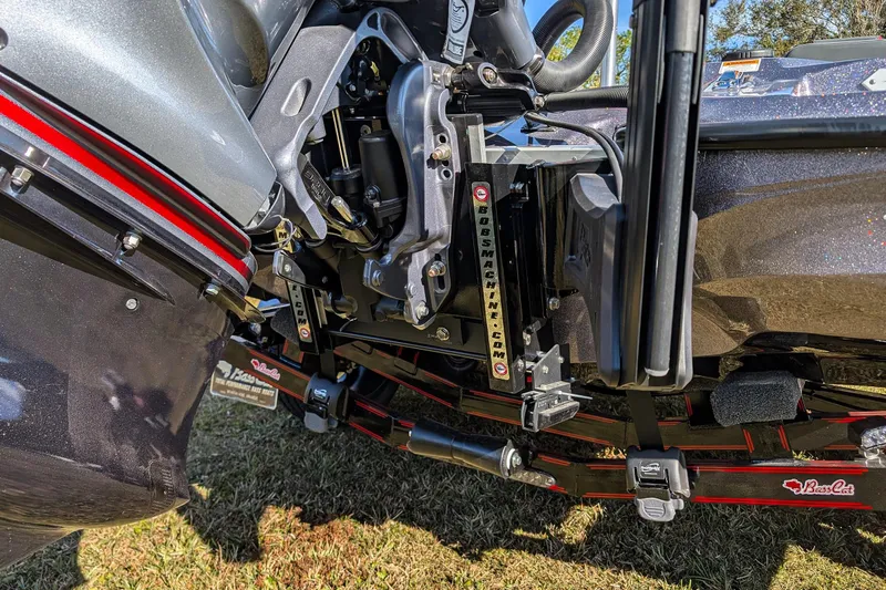 Slide: The Image of 2026 Bass Cat Lynx STS boat engine and mounting details. - 9