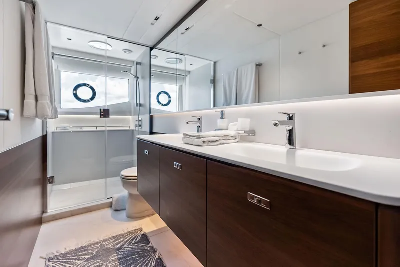 Slide: The Image of Luxurious bathroom in 2024 Princess Y72 Motor Yacht with modern fixtures and elegant design. - 33